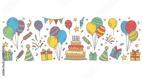 Vibrant birthday celebration elements with balloons and gifts