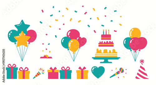 Vibrant birthday celebration elements with balloons and gifts