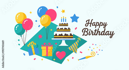 Vibrant birthday celebration with cake, balloons and gifts