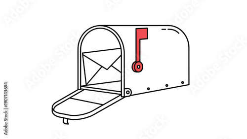 Line drawing of a classic American style mailbox that is open with a letter inside and the red signal flag raised for pickup.
