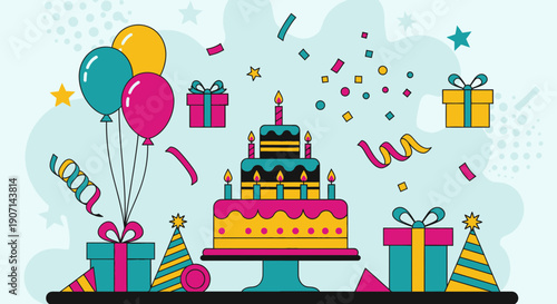 Vibrant birthday celebration with cake and colorful decorations