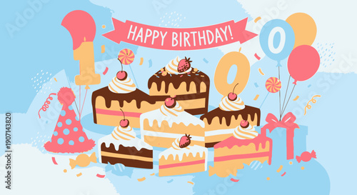 Happy birthday celebration with colorful cakes and party decorations