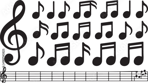 music note icon set black symbols isolated, melody sound notation graphic elements pack, musical notes collection minimal design