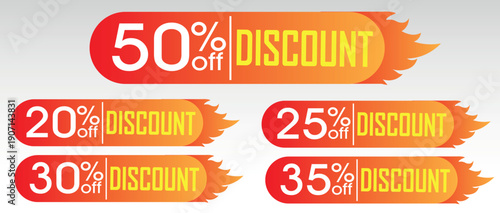 Modern fire flame style discount banner design element set with orange gradients for hot sales, seasonal promotions, and retail marketing price labels