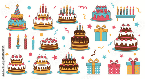 Colorful birthday celebration elements with cakes and gifts