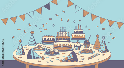 Vibrant birthday celebration with cakes and party hats on table
