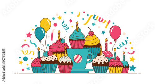Colorful cupcakes and coffee cup with balloons and confetti celebrating a birthday