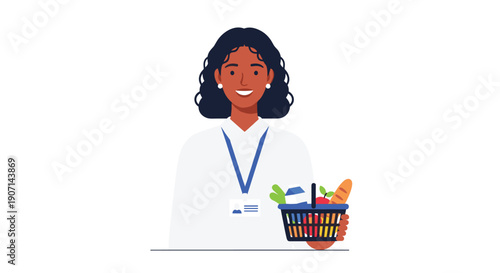 A smiling dark-skinned woman with an identification badge around her neck holds a small shopping basket filled with groceries.