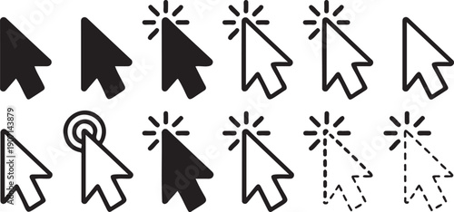 cursor click icon set black pointer symbols, mouse arrow selection graphic elements, interface cursor shapes isolated