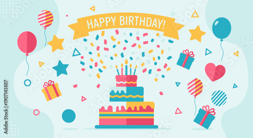 Vibrant birthday celebration with colorful cake and festive decorations