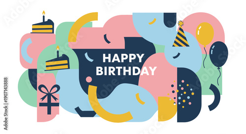 Modern flat vector illustration of happy birthday celebration with abstract colorful shapes, birthday cake with candles, balloons, gift box, party hat and confetti, soft pastel color palette, clean mi