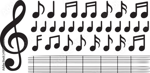 music note icon set black symbols isolated, melody sound notation graphic elements, musical notes collection minimal