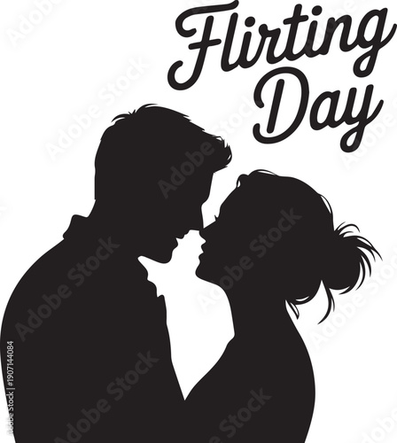 Silhouette of a couple flirting with Flirting Day text in black and white romance love