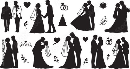 Vector set of eight slim female silhouettes in various standing and posing stances, illustrating fashion and beauty concepts.