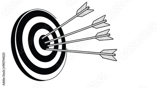 Bullseye target with four wooden arrows hitting the center representing success, accuracy, and achieving business goals.