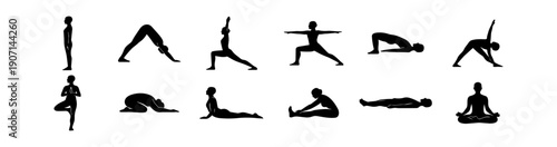 12 Yoga Pose Silhouettes Set – Black and White Minimalist Asana Icons