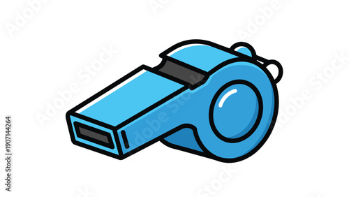 Simple illustration of a blue plastic sports whistle with a white reflection and two metal rings for a lanyard attachment.