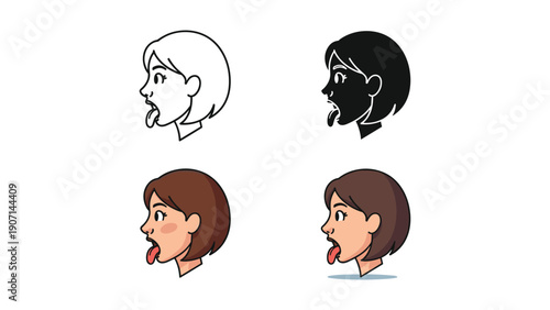 Person sticking out tongue in profile, diverse styles, for expressions of playfulness, teasing or medical contexts.