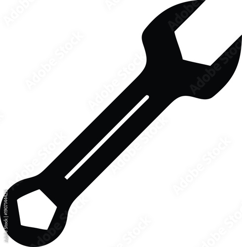 Black silhouette of an open end wrench against a white background