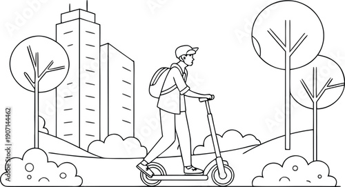 Commuting professional riding electric scooter through urban landscape