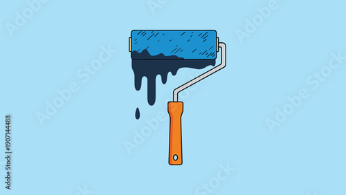 Paint roller applying a thick coat of dark blue paint to a light blue wall surface symbolizing renovation and home improvement.