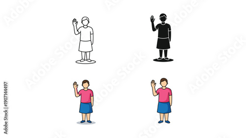 Child waving hello with hand raised, diverse styles, representing greeting, welcome and friendly introduction.