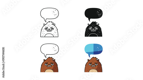 Angry creature with thought bubbles in four styles: outline, silhouette, and colorful versions