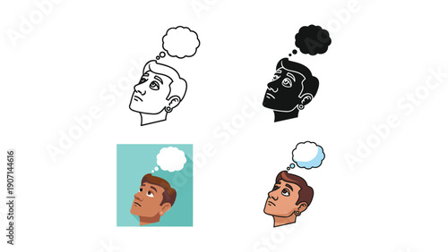 Man thinking with empty speech bubble illustration, diverse styles and expressions, for concepts of ideas, contemplation and communication.