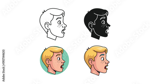 Boy with shocked expression and speech bubble in four styles: outline, silhouette, and colored