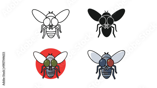 Fly insect icon, line art, silhouette, and color options