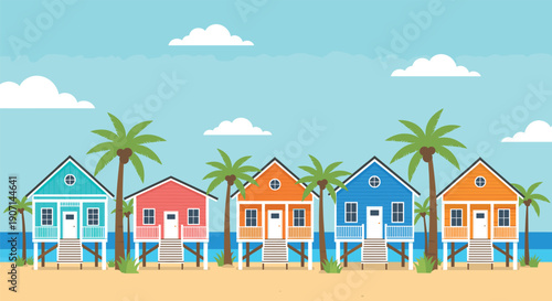 Row of colorful tropical beach houses on stilts with palm trees and ocean background summer vacation vector illustration