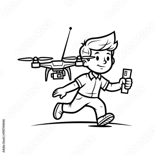 Boy flying drone in field while running and smiling  