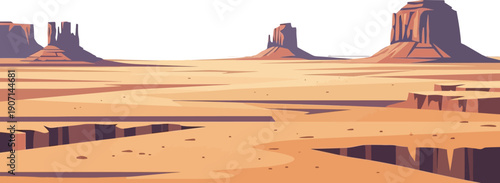 Vast desert landscape illustration shows towering mesa rock formations under a bright, pale sky in a dry arid environment.