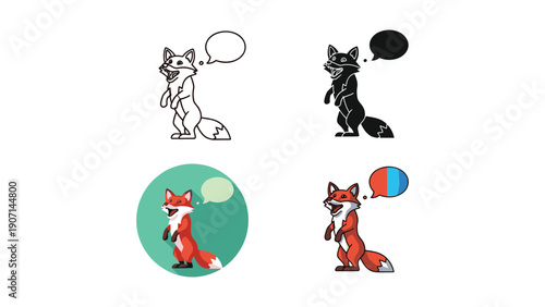 Standing fox with speech bubble, in line art, silhouette, and color