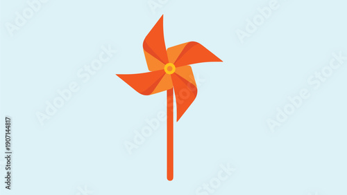 Bright orange pinwheel toy on a long stick against a solid light blue background representing childhood joy and outdoor play.