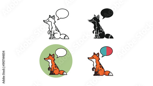 Sitting fox with speech bubble, in line art, silhouette, and color