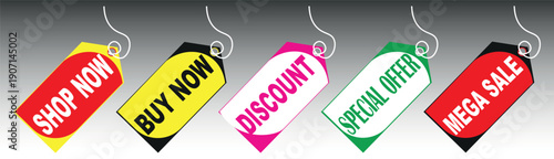 Collection of colorful hanging price tag design elements featuring shop now, buy now, and mega sale offers for retail marketing and commercial promotional labels