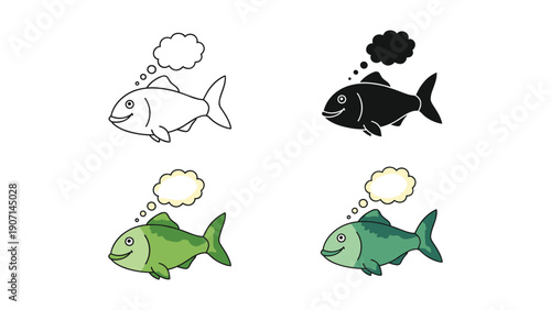 Fish thinking with thought bubbles in four styles: outline, silhouette, light green, and deep green