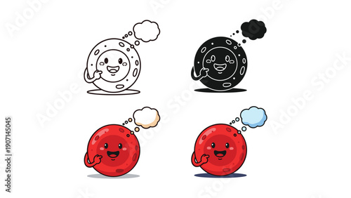 Happy red blood cell character with thought bubble, in various styles