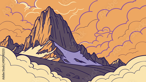 Majestic mountain peak rising above clouds at sunset with vibrant orange sky