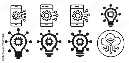 Industrial IoT and smart device control icons with gear and processor symbols. vector illustration eps 10