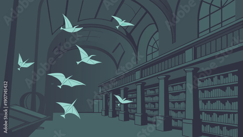Step into a mystical library where books take flight, evoking a sense of wonder and magic, perfect for projects requiring a touch of fantasy and intellectual curiosity