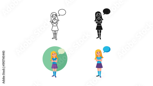 Girl with Arms Crossed and Speech Bubble Icon Set