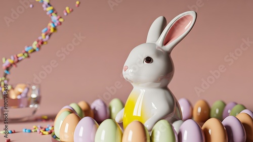 Wallpaper Mural White easter bunny sitting among pastel painted eggs
 Torontodigital.ca