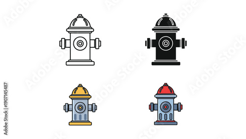 Four styles of fire hydrant: outline, silhouette, yellow, and red cap for safety and urban themes