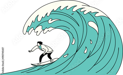 Experience the thrill of surfing with this dynamic illustration of a surfer riding a massive wave, conveying a sense of excitement and adventure