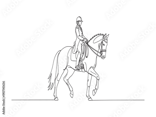 Equestrian illustration of rider on horseback in dressage position