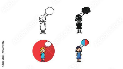 Girl Thinking: Outline, Silhouette, Red Circle, and Blue Thought Bubble