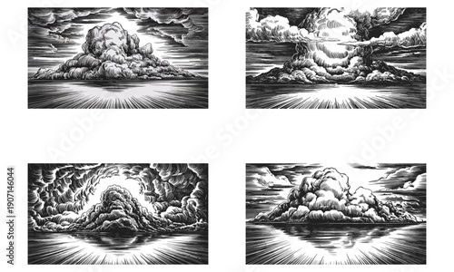 Dramatic ocean storm waves engraving style illustration
