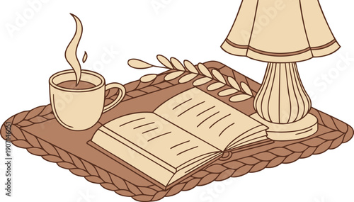 Create a peaceful atmosphere with this inviting still life of a cozy reading nook, complete with a steaming cup of coffee, an open book, and warm lamp light